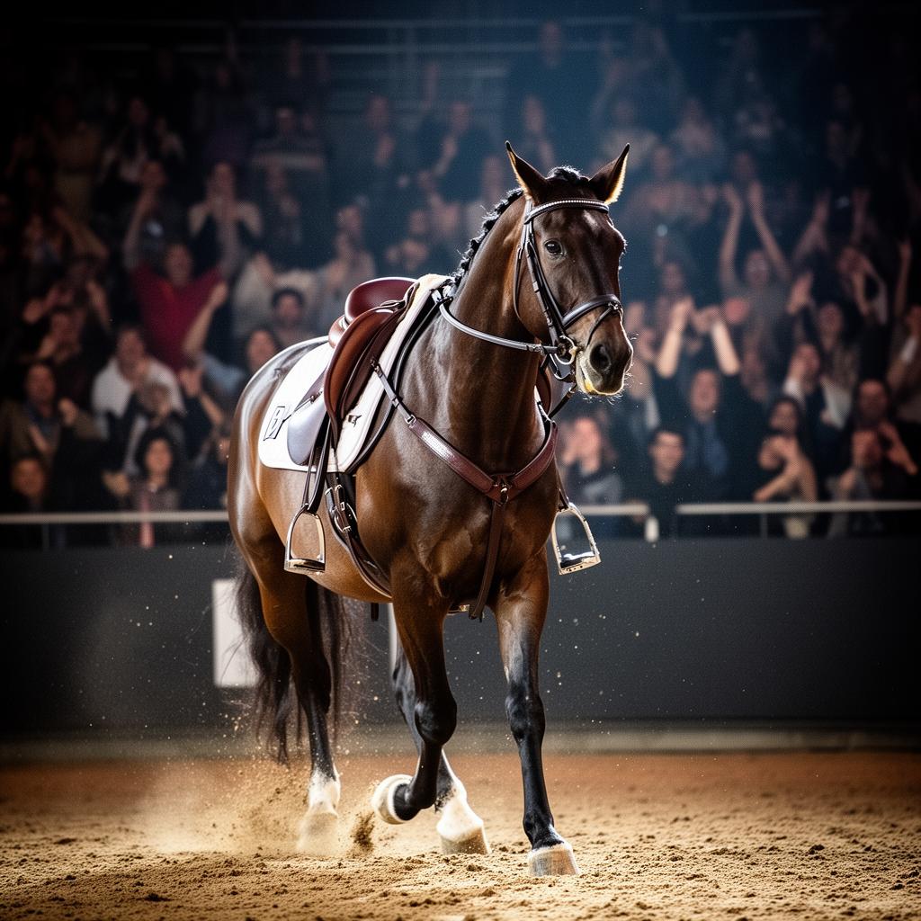 Saddled performance horse in arena with crowd
