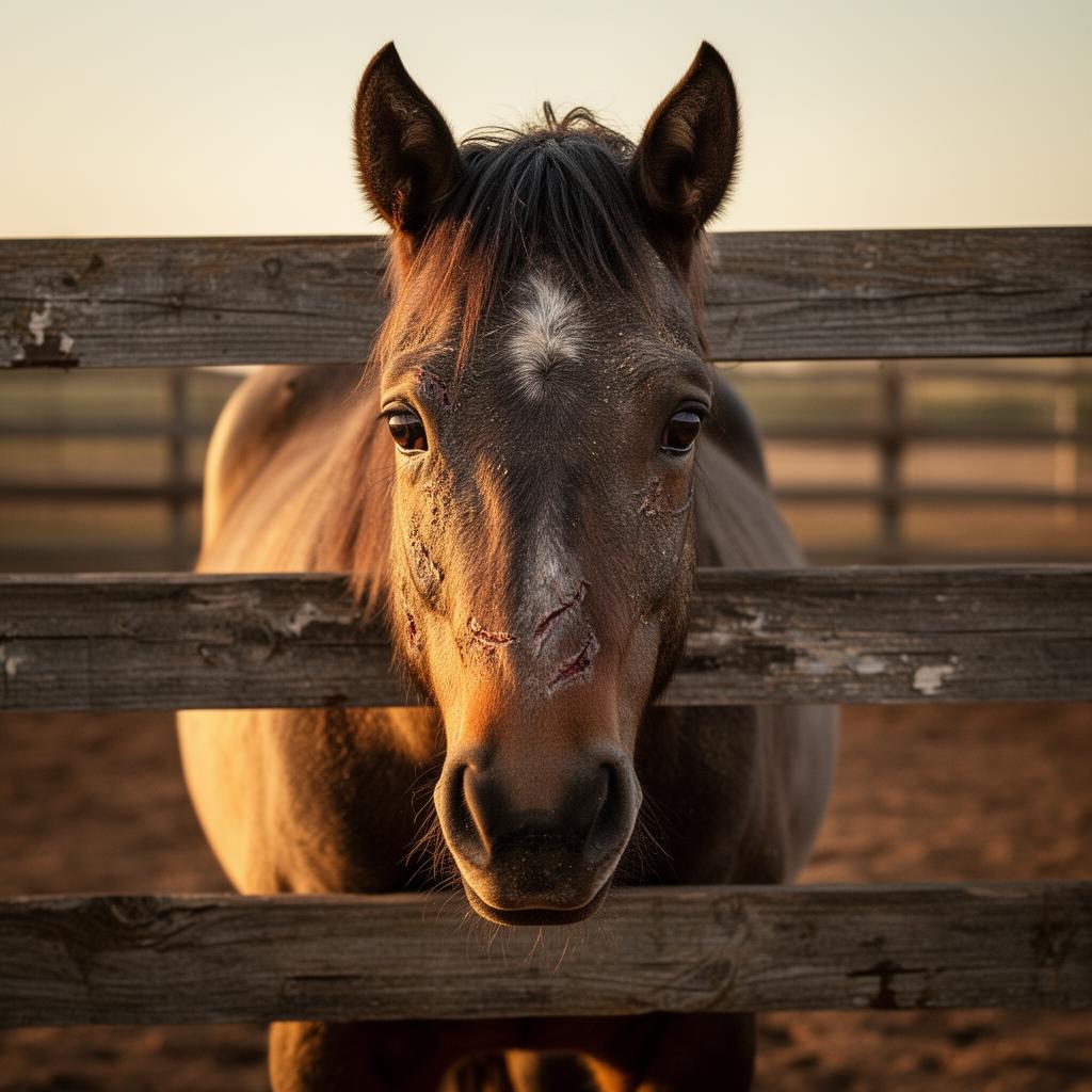 Weary rescue horse at auction fence