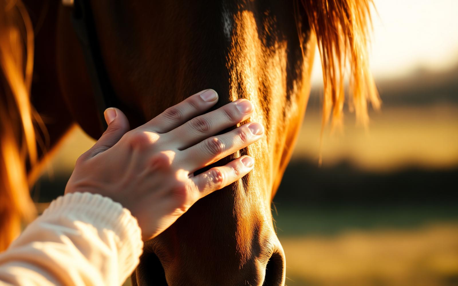 A gentle moment of trust between a hand and a horse